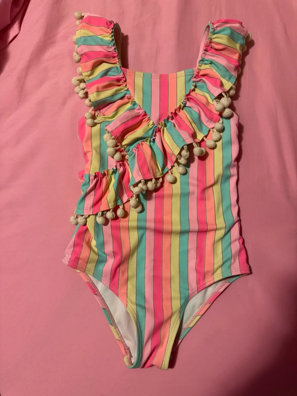 Nicole Miller Girls' Multicolor Stripe Pom-Pom One-Piece Swimsuit